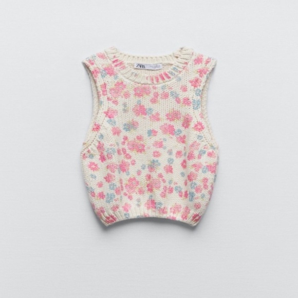 NEW Zara | Floral Print Knit Top White Pink Sweater Small - Picture 2 of 7